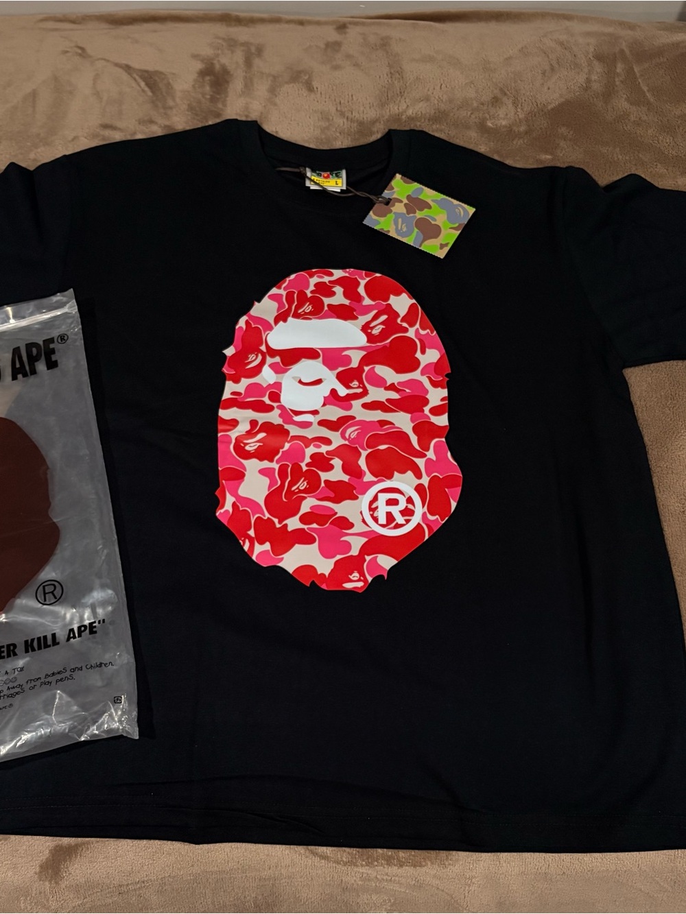 Bape Kids Black Tee with Pink & Red Camo Ape Head